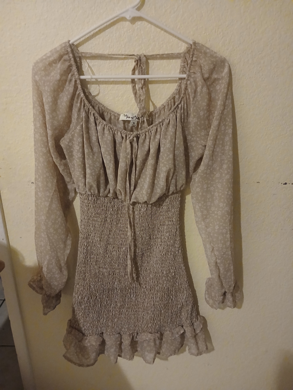 Smocked Waist Boho Peasant Dress in Light Taupe Floral